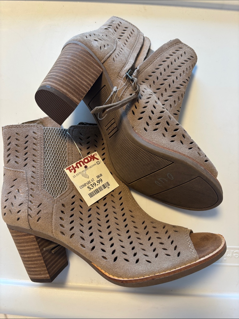 Toms Taupe Perforated Open-Toe Block Heel Booties